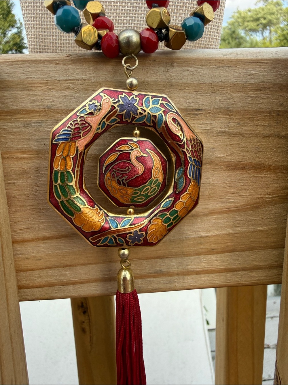 Handmade Glass Beaded Earrings & Necklace with Cloisonné Pendant & Red Tassel - Picture 6 of 7
